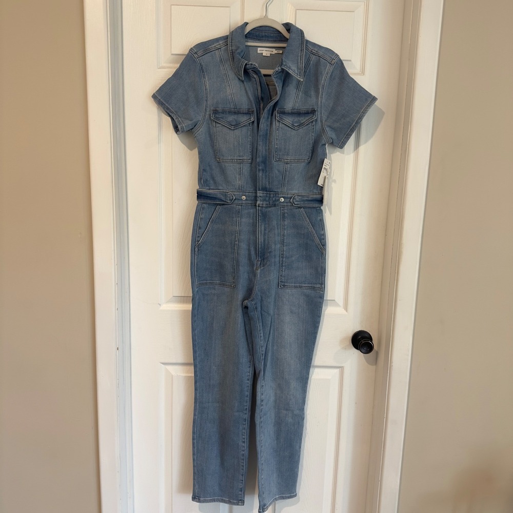 Good American Fit For Success Denim Jumpsuit Blue Short Sleeve GMJS731SO Size L - Picture 2 of 11